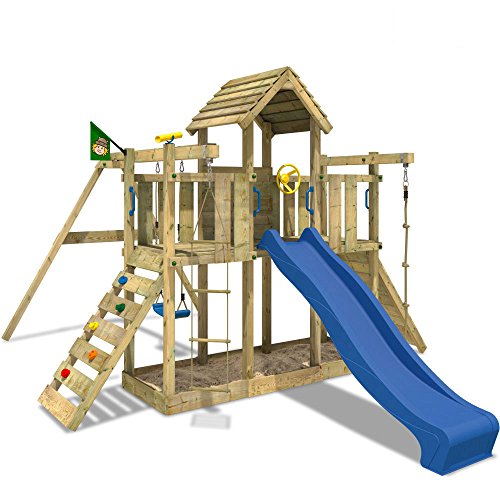 WICKEY-Spielturm-Little-Robin-Kletterturm-mit-Schaukel-und-Rutsche-Holzdach-Sandkasten-blaue-Rutsche-0