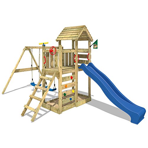 WICKEY-Spielturm-MultiFlyer-Kletterturm-mit-Holzdach-Spielplatz-Garten-mit-Schaukel-Rutsche-und-Kletterwand-blaue-Rutsche-0