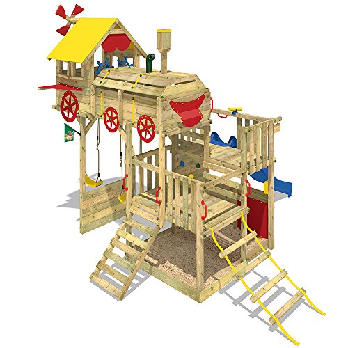 WICKEY-Spielturm-Smart-Express-Kletterturm-Zug-Spielgert-Holz-mit-Kletterleiter-Doppelschaukel-Sandkasten-blaue-Rutsche-Plane-rot-gelb-0-0