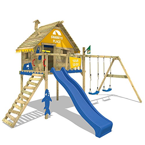 WICKEY-Spielturm-Smart-Sky-Stelzenhaus-Baumhaus-Kletterturm-aus-Holz-mit-Doppelschaukel-Holzdach-und-Rutsche-0